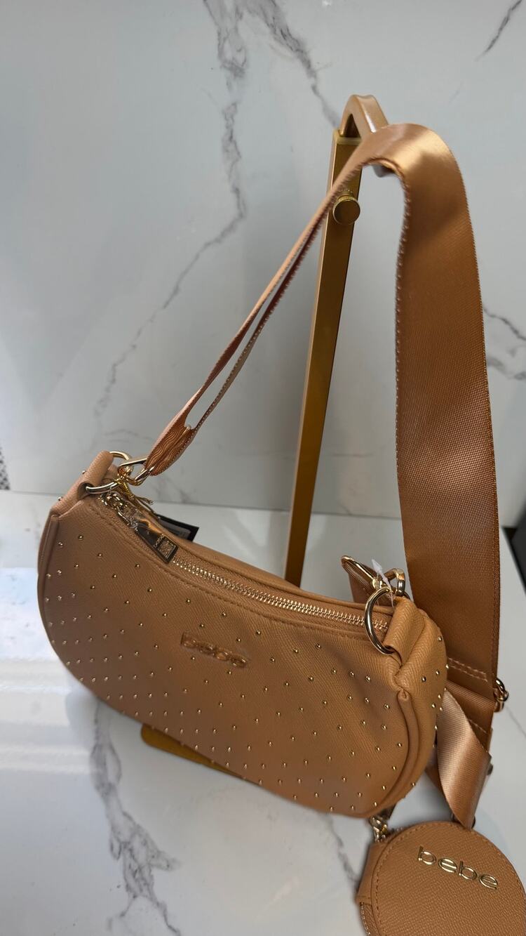 bebe Sagan Studded Mini Crossbody Bag with Detachable Coin Pouch – Camel